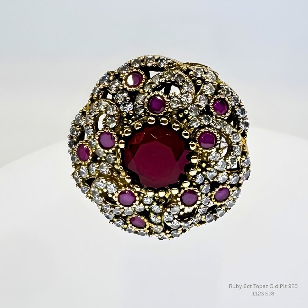 Handmade Jewelry Ruby Halo Statement Ring 925 Silver Gold Plated Size 8